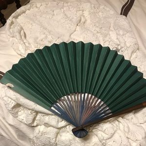 Vintage bamboo and paper Green hand fan